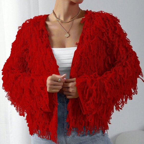 Red Casual Women's Fringe detailed Versatile Long Sleeve knit sweater Cardigan - Picture 5 of 6